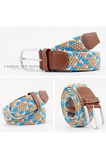 JK Home 115cm Ceinture Elastique Tressée pour Femme Boucle Ceintures Homme Extensible 3.3cm de Large Beige Azur Blanc