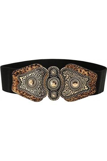 BlackButterfly Vintage Large Élastique Extensible Antique Boucle Ceinture Noir - Imprimé léopard, S 