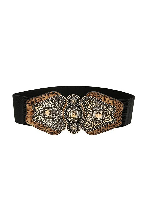 BlackButterfly Vintage Large Élastique Extensible Antique Boucle Ceinture Noir - Imprimé léopard, S 