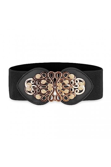 Bolerose Large Ajustable Élastique extensible Ceinture Rétro Or Méduse Boucle Taille Ceinture Noir, XL 