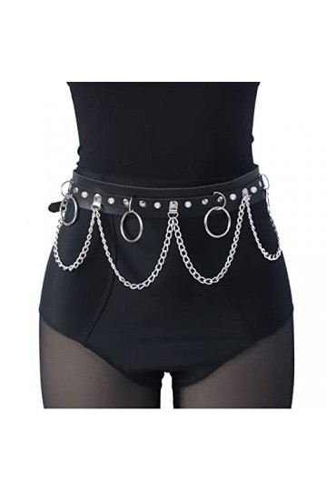 Sunallwell Ceinture à chaîne pour femme punk gothique ceinture réglable avec anneau en métal ceinture en cuir, Noir , taille 