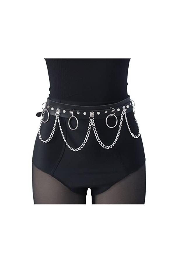 Sunallwell Ceinture à chaîne pour femme punk gothique ceinture réglable avec anneau en métal ceinture en cuir, Noir , taille 
