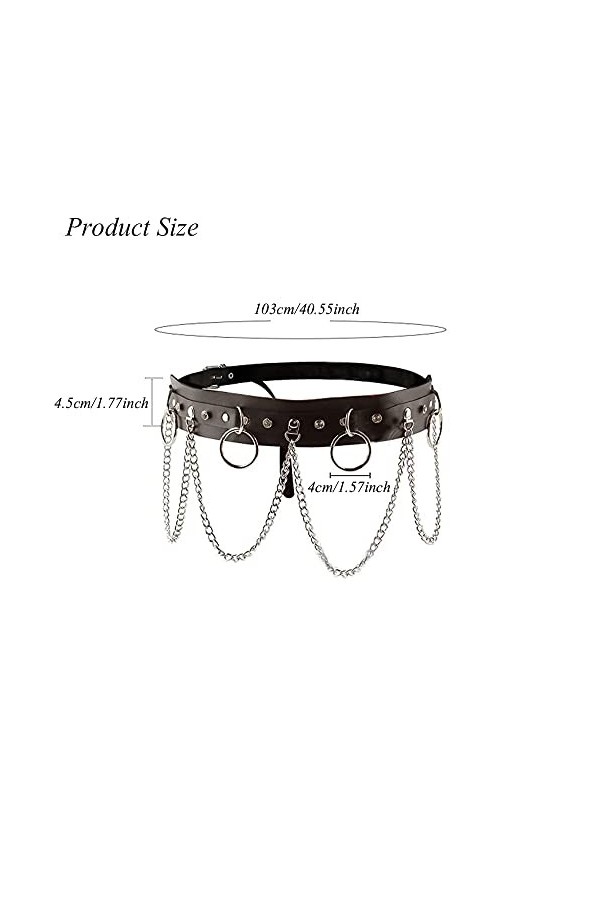 Sunallwell Ceinture à chaîne pour femme punk gothique ceinture réglable avec anneau en métal ceinture en cuir, Noir , taille 