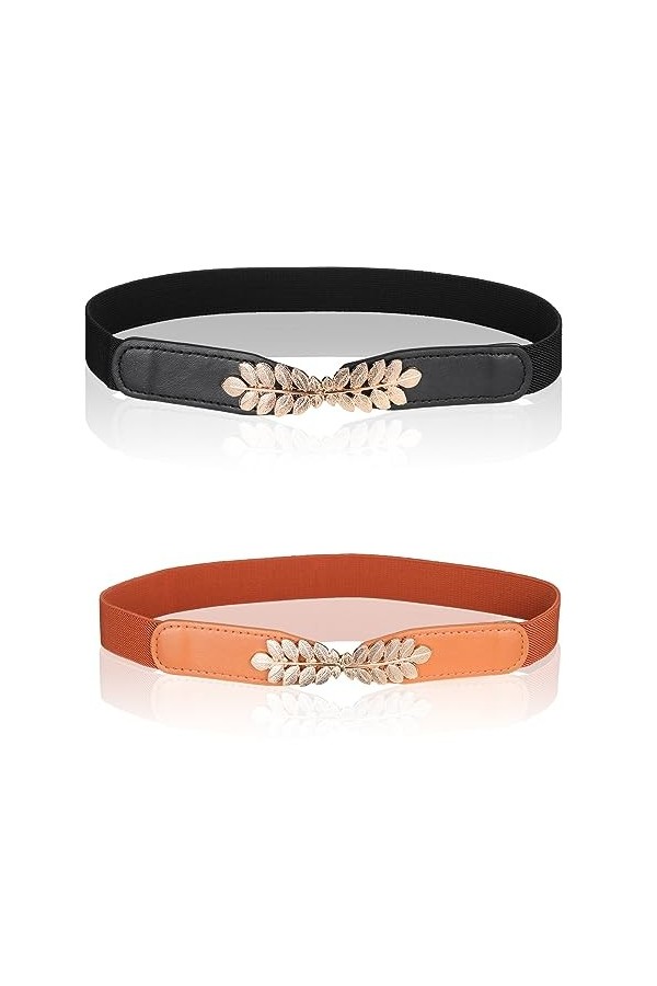 wlertcop Lot de 2 ceintures élastiques fines et élégantes pour femme, ceinture élastique rétro extensible avec boucle en alli