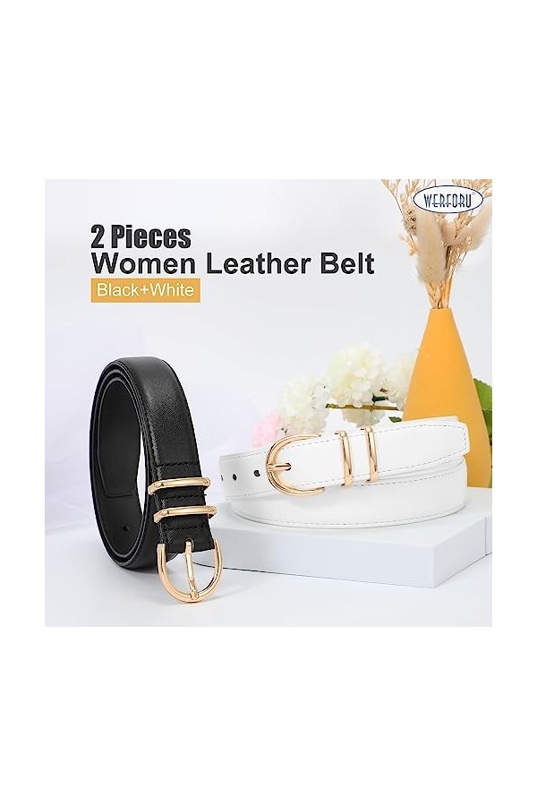 WERFORU Lot de 2 ceintures en cuir pour femme - Pour jeans - Mode - Pour pantalons et robes - Avec boucle dorée, E-noir+blanc