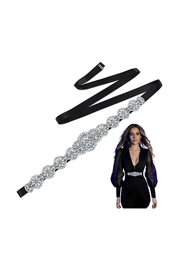 Ceinture de mariée noire pour robe de mariée avec perles brillantes pour robe de mariage, fête, bal de fin dannée, femmes et