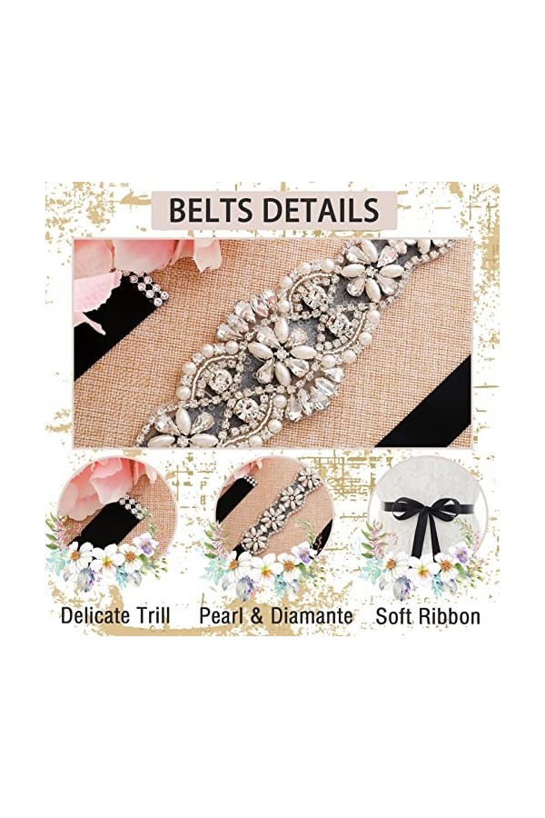 Ceinture de mariée noire pour robe de mariée avec perles brillantes pour robe de mariage, fête, bal de fin dannée, femmes et