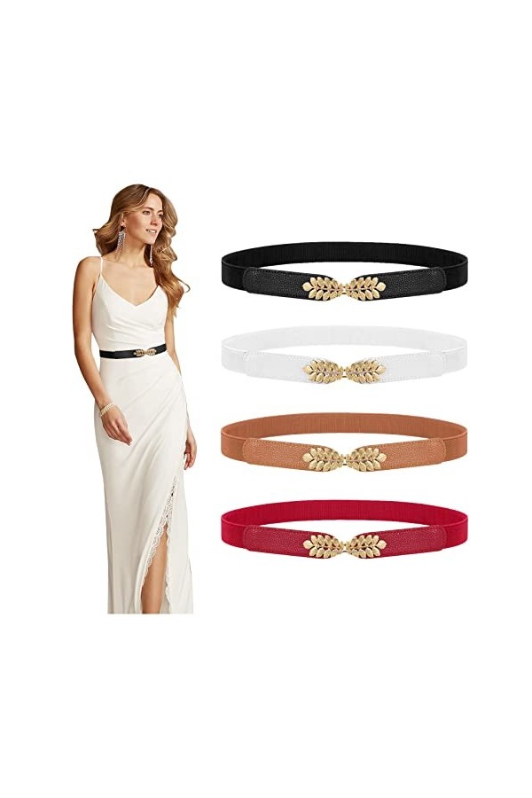 WERFORU Lot de 4 ceintures élastiques fines pour femme - En alliage de feuilles - Boucle extensible - Pour vêtements et panta