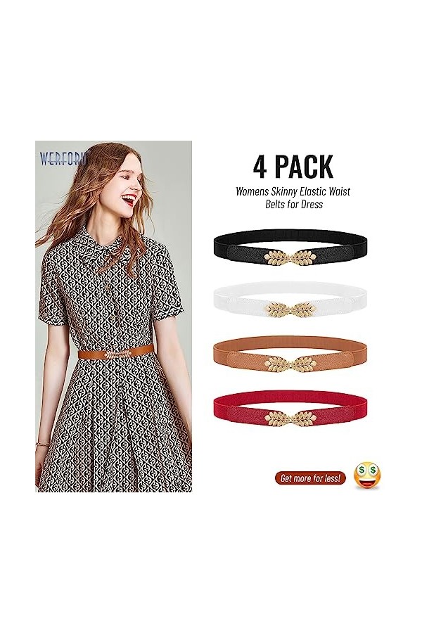 WERFORU Lot de 4 ceintures élastiques fines pour femme - En alliage de feuilles - Boucle extensible - Pour vêtements et panta