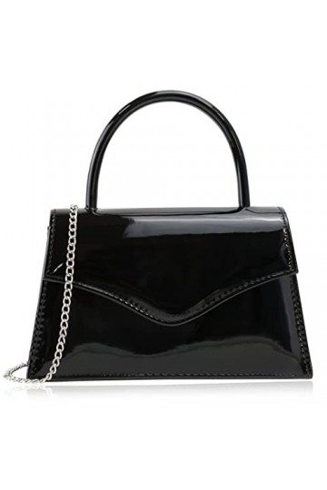 Milisente Clutch Pochette de soirée en cuir synthétique verni pour femme avec chaîne dépaule, Noir