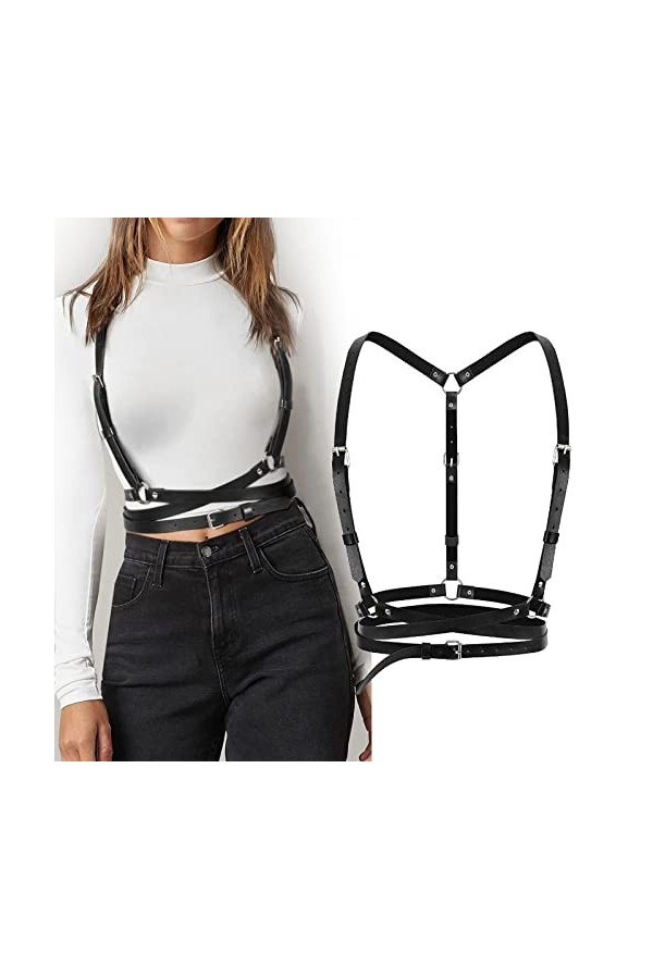 Ceinture Punk, Corset pour Femme en Cuir PU Noir Ceinture Réglable avec Cercle Gothique pour Dames Filles Cosplay Fête Rave C