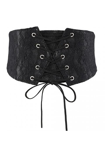 KharmLaddy Ceinture en dentelle pour femme - Large ceinture en cuir élastique nouée, Noir , XS:taille 56/65 cm