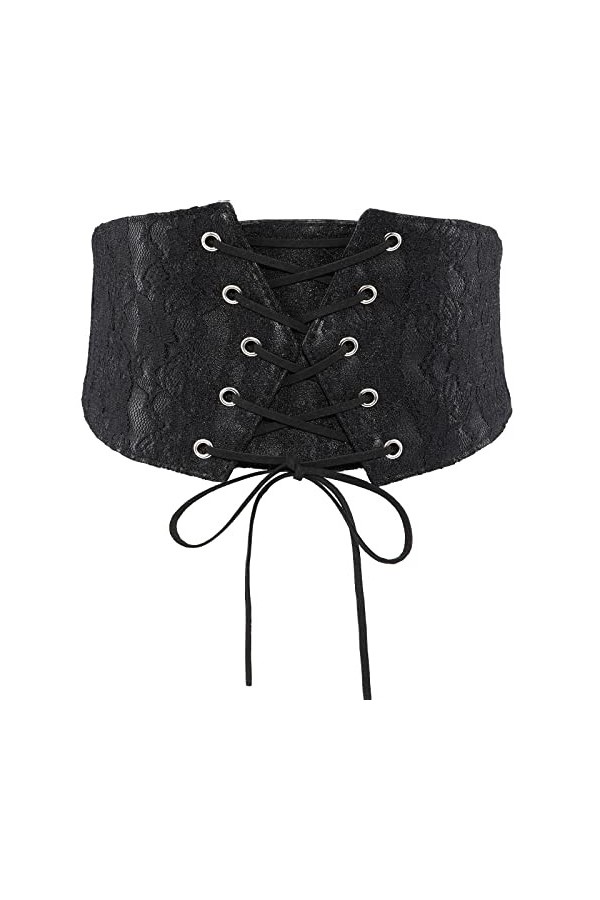 KharmLaddy Ceinture en dentelle pour femme - Large ceinture en cuir élastique nouée, Noir , XS:taille 56/65 cm