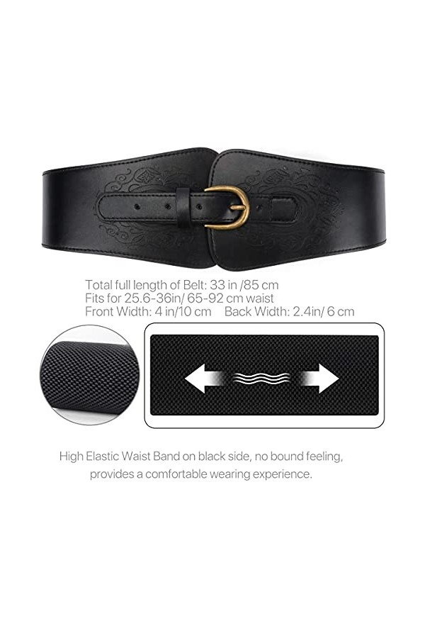 Ceinture élastique noire vintage large corset en cuir extensible avec imprimé totem