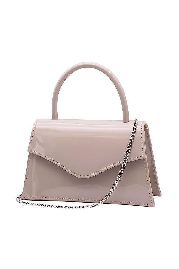 Milisente Clutch Pochette de soirée en cuir synthétique verni pour femme avec chaîne dépaule beige , beige