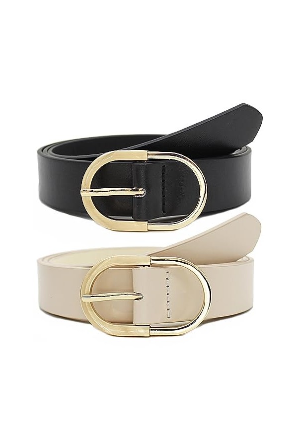 Longwu Lot de 2 ceintures en cuir pour pantalons jeans, ceintures en cuir tendance pour femme avec boucle dorée