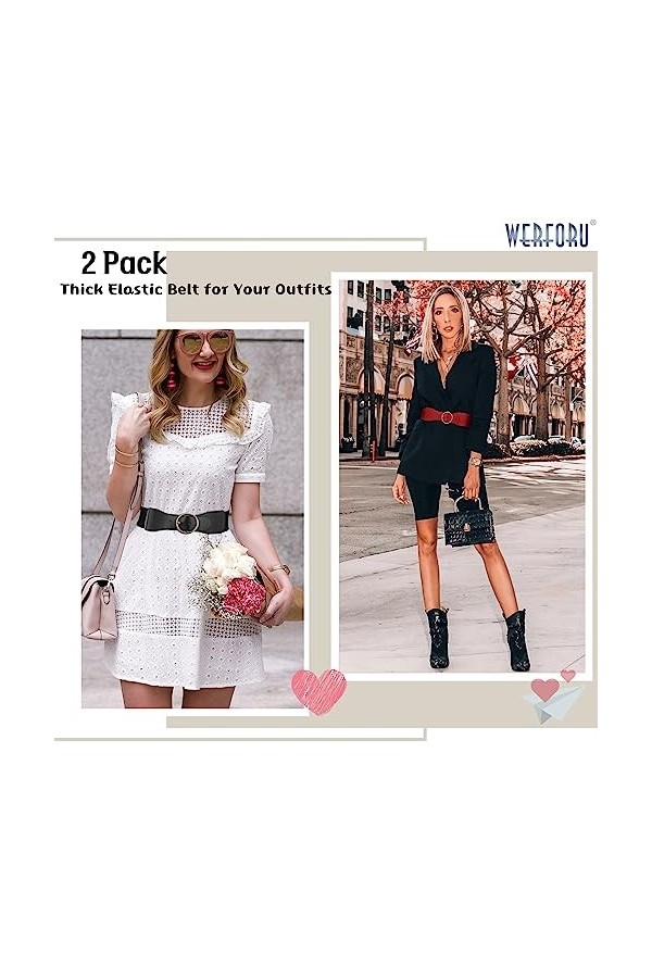 WERFORU Lot de 2 ceintures élastiques pour femme - Vintage - Large ceinture pour robe - Tendance - Cinq extensible, D-noir+ro