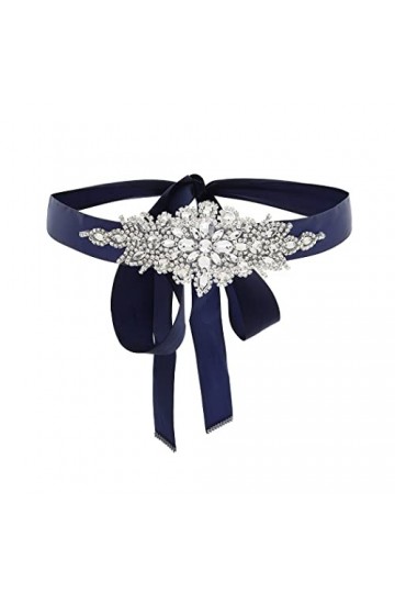 IYOU Strass Mariage Ceinture Cristal Ceinture Appliqué Ceintures Mariée Bal de Promo Robe Ceinture avec Bleu Marine Ruban pou