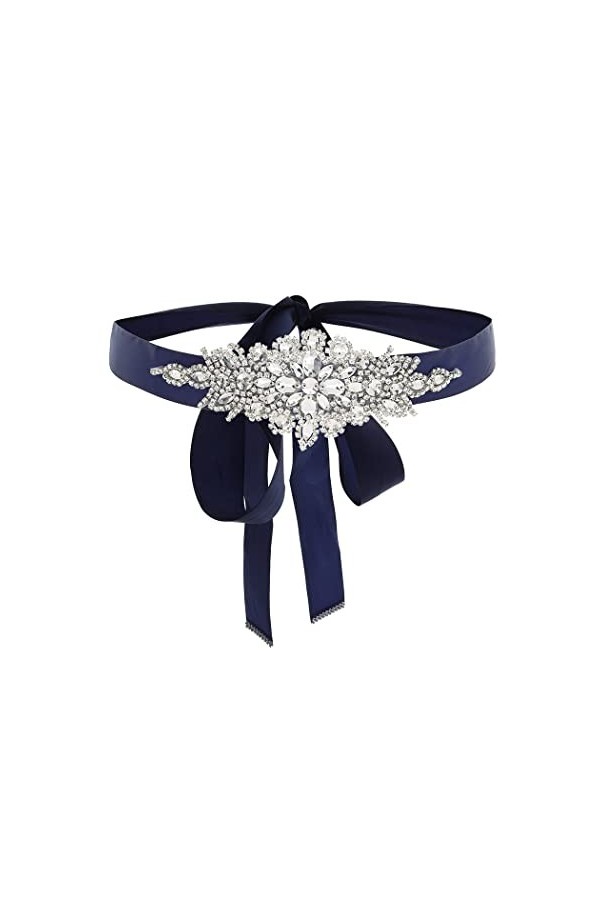 IYOU Strass Mariage Ceinture Cristal Ceinture Appliqué Ceintures Mariée Bal de Promo Robe Ceinture avec Bleu Marine Ruban pou