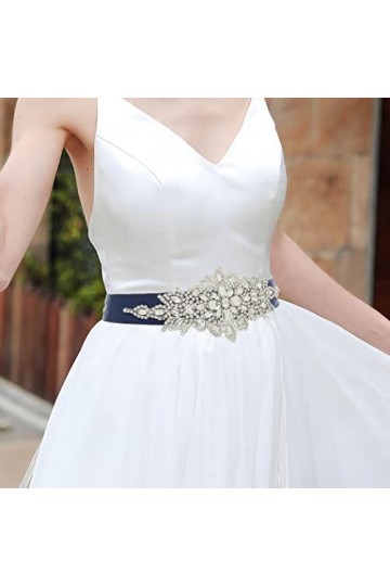 IYOU Strass Mariage Ceinture Cristal Ceinture Appliqué Ceintures Mariée Bal de Promo Robe Ceinture avec Bleu Marine Ruban pou