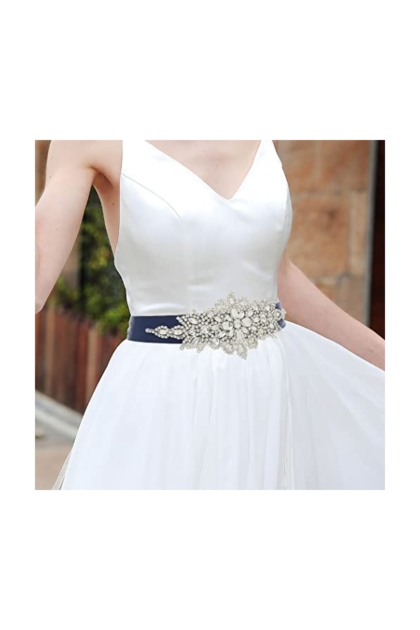 IYOU Strass Mariage Ceinture Cristal Ceinture Appliqué Ceintures Mariée Bal de Promo Robe Ceinture avec Bleu Marine Ruban pou