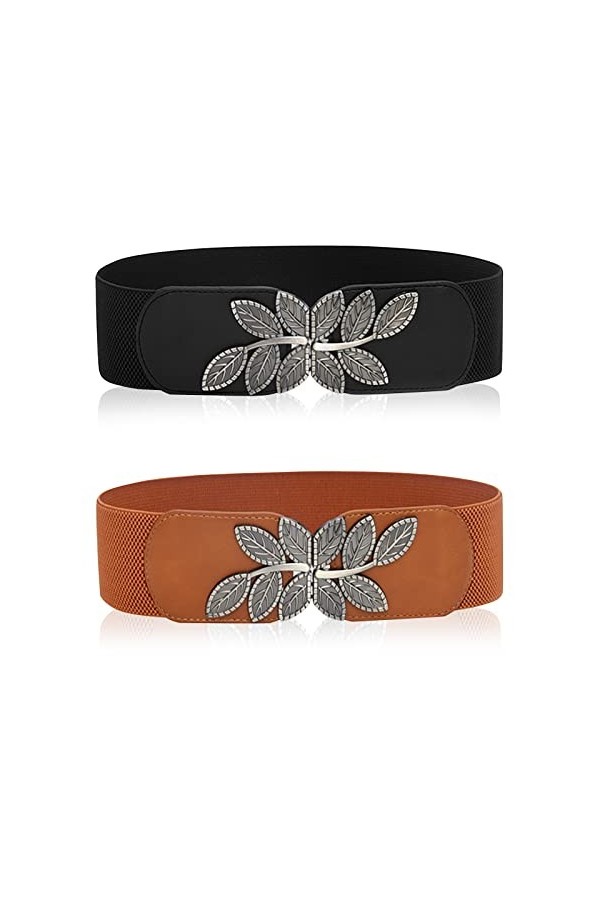 DUOXIN 2 Pièces Ceintures Extensible pour Femme, Large Élastique Boucle Ceinture Rétro Ceinture Elastique à Fermoir en Métal 