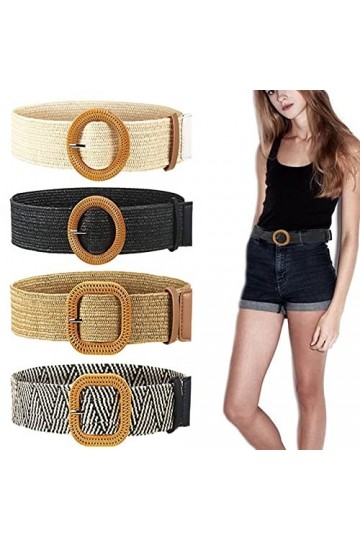 Eterspr 4 Pièces Ceinture en Paille Tissée Femme, Ceinture élastique Tissée en Paille, Ceinture en Paille Tressée pour Femme,