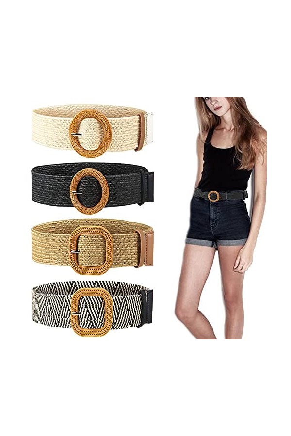 Eterspr 4 Pièces Ceinture en Paille Tissée Femme, Ceinture élastique Tissée en Paille, Ceinture en Paille Tressée pour Femme,