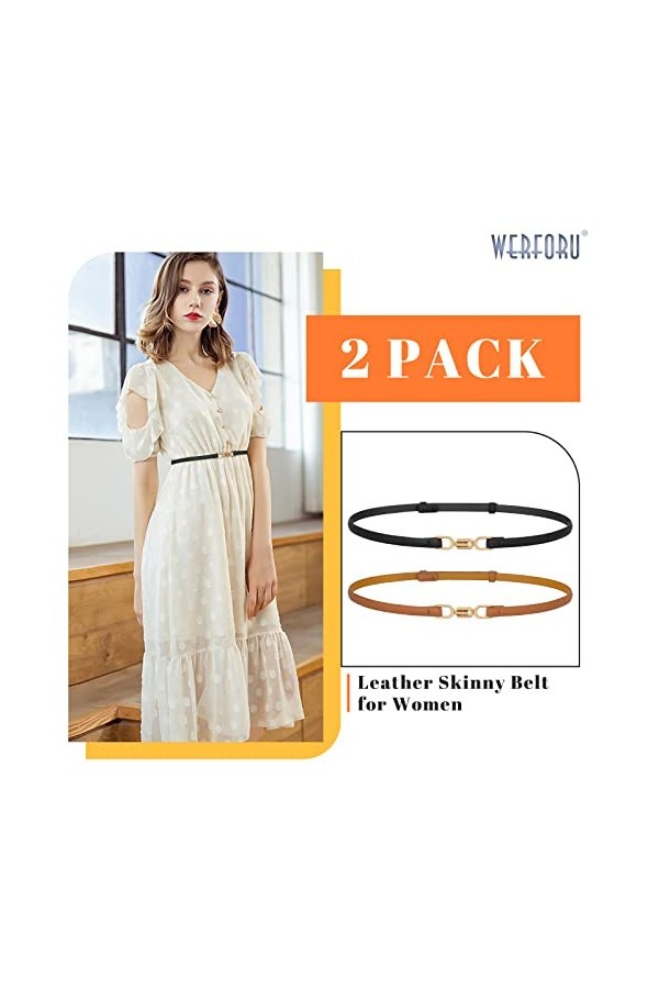 WERFORU Lot de 2 ceintures fines en cuir pour femme avec boucle dorée, A-noir+marron, 120cm/Für Taillengröße unter 110cm