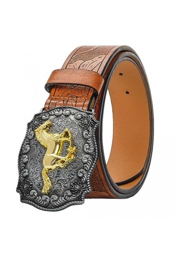 KorhLeoh Ceinture à boucle de cow-boy en cuir occidental pour hommes, femmes, jeans, ceinture à boucle florale gravée avec ch