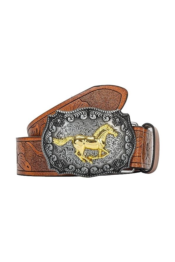 KorhLeoh Ceinture à boucle de cow-boy en cuir occidental pour hommes, femmes, jeans, ceinture à boucle florale gravée avec ch