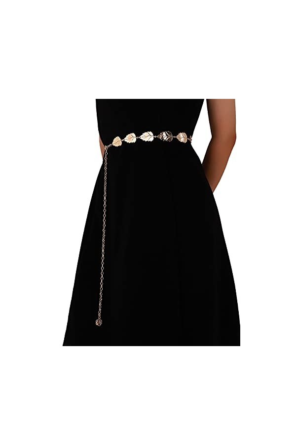 CHIC DIARY Ceinture, en métal, chaîne, pour femme, tendance, élégante, dorée, motif de feuille, décorative, or, taille unique