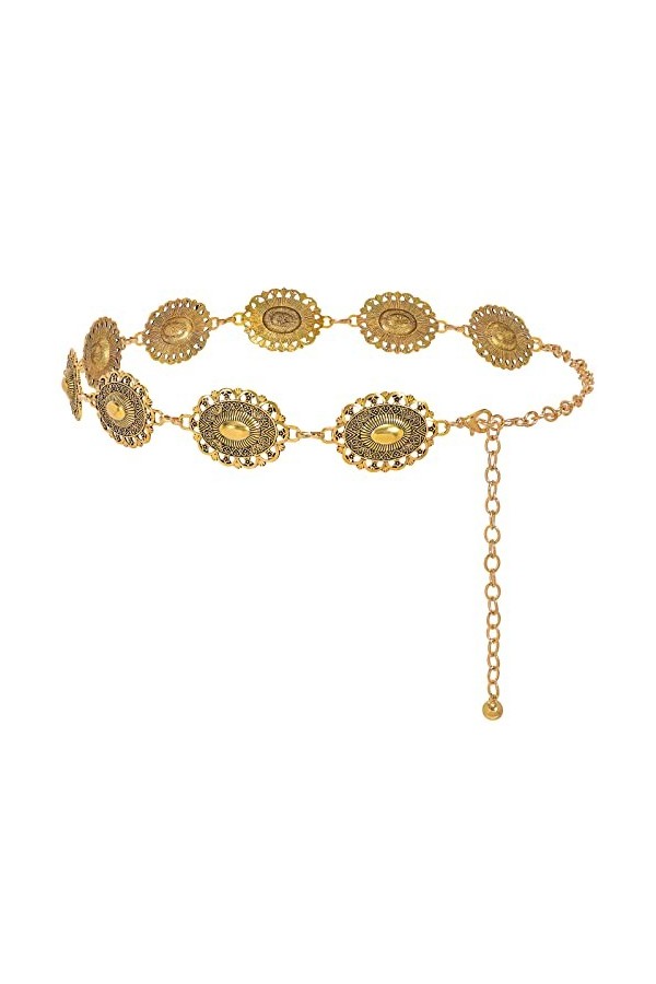 XZQTIVE Femmes Boho Chaîne Ceinture pour Robes Jeans Western Cowgirl Taille Gauche Ceinture Ovale Métal Concho Ceinture, Or m