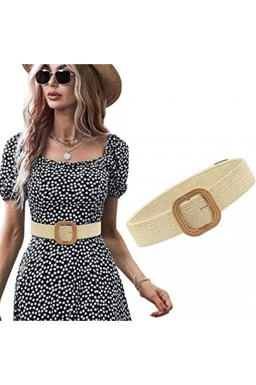 ELizoop Femmes Ceinture Paille Tissé éLastique Stretch Taille Ceinture Maigre Robe Ceinture Boucle Taille Robe Bande Beige 