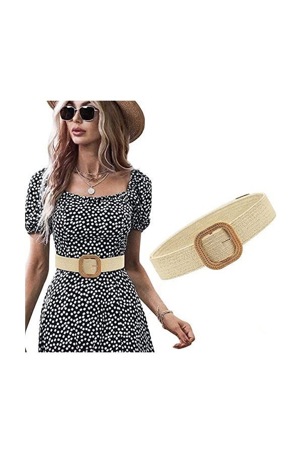 ELizoop Femmes Ceinture Paille Tissé éLastique Stretch Taille Ceinture Maigre Robe Ceinture Boucle Taille Robe Bande Beige 