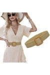 ELizoop Femmes Ceinture Paille Tissé éLastique Stretch Taille Ceinture Maigre Robe Ceinture Boucle Taille Robe Bande Beige 