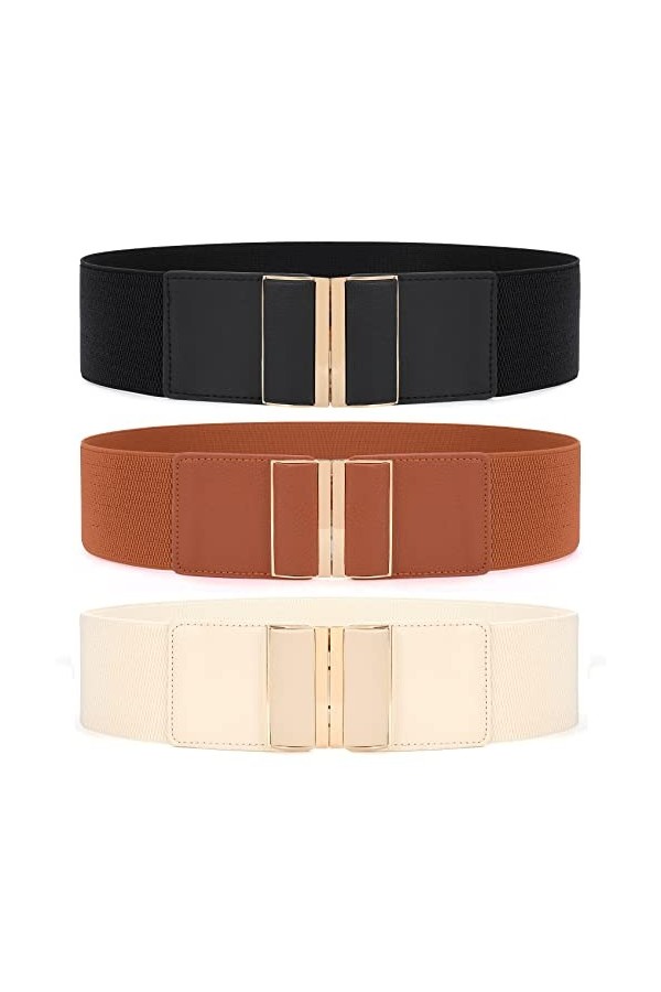 JASGOOD Lot de 3 ceintures larges élastiques vintage pour femme, 04 noir + marron + beige, Medium