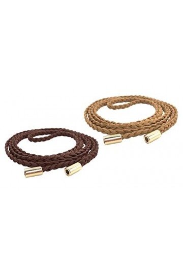 TeeYee Ceinture Fine Longue Tressée Femmes en Cuir PU Uni Basique café+Abricot 