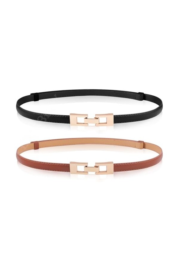 EIOKBECY Lot de 2 ceintures fines en cuir avec boucle en métal doré pour femme, B-black+brown, 98cm 38.6inch 