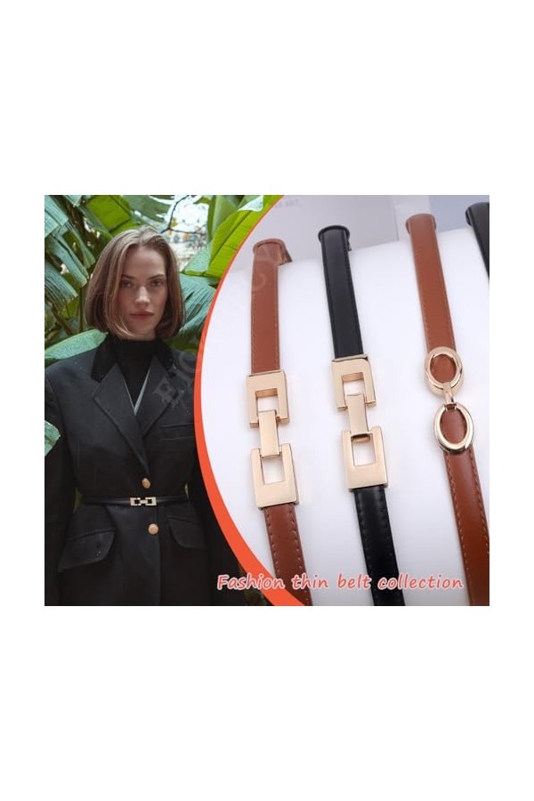 EIOKBECY Lot de 2 ceintures fines en cuir avec boucle en métal doré pour femme, B-black+brown, 98cm 38.6inch 