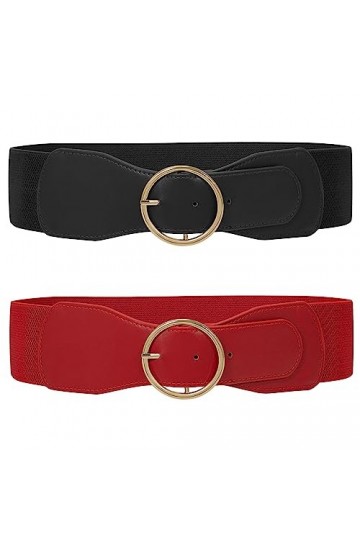 WERFORU Lot de 2 ceintures élastiques pour femme - Vintage - Large ceinture pour robe - Tendance - Cinq extensible, D-noir+ro