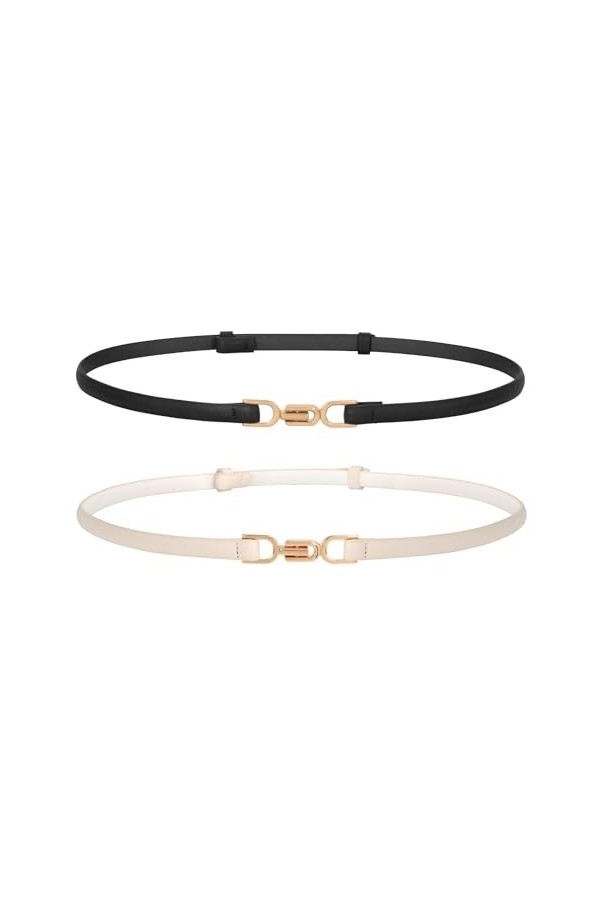 WERFORU Lot de 2 ceintures fines en cuir pour femme - Avec boucle dorée, A-noir + beige, 105cm/Für Taillengröße unter 90cm