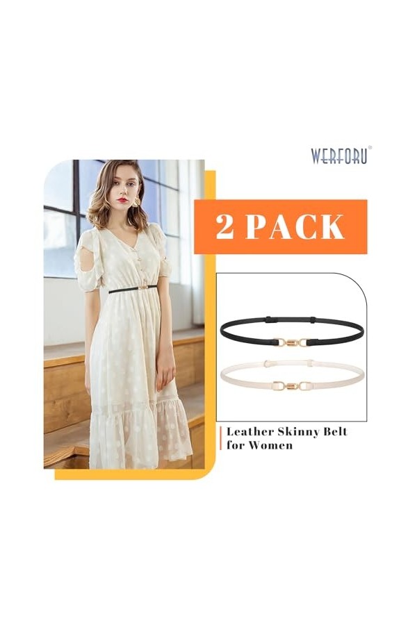 WERFORU Lot de 2 ceintures fines en cuir pour femme - Avec boucle dorée, A-noir + beige, 105cm/Für Taillengröße unter 90cm