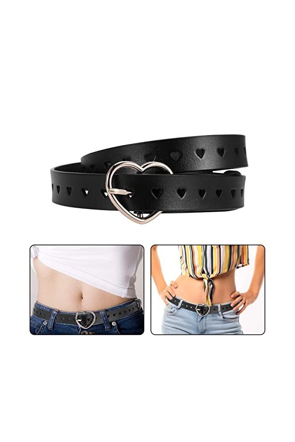 Ceinture en cuir pour femme avec cœur creux et boucle ardillon Noir 105 cm