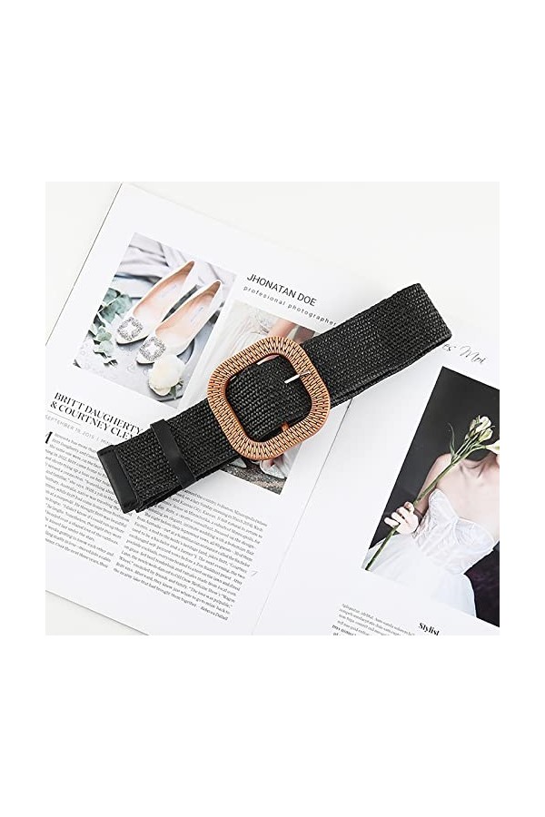 JowTreex Lot de 2 ceintures élastiques tressées en paille avec boucle en bois pour femme, Noir + kaki., 34W