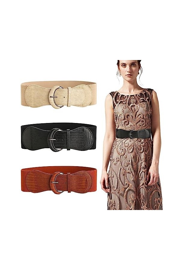 RMENOOR Ceinture large pour femme - Doré - Ceinture élastique - Large ceinture pour femme - Vintage - Ceinture à nouer - Noir