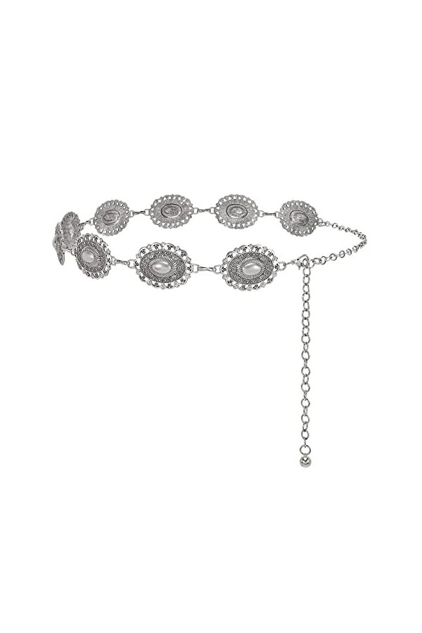 XZQTIVE Femmes Boho Chaîne Ceinture pour Robes Jeans Western Cowgirl Taille Gauche Ceinture Ovale Métal Concho Ceinture, 01 a