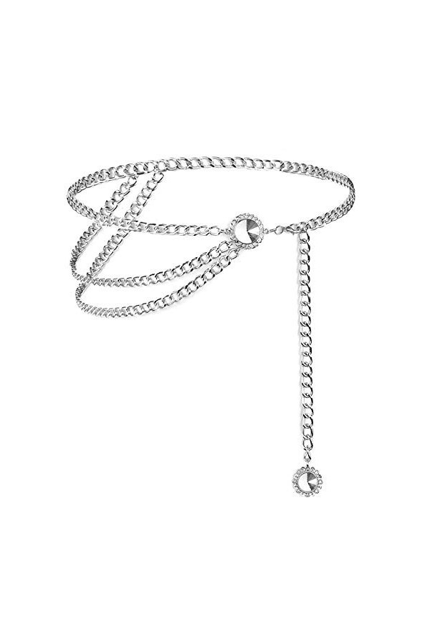 Lamdgbway Ceinture en métal à Plusieurs Couches avec Chaîne pour les Femmes Cristal Argent 90CM