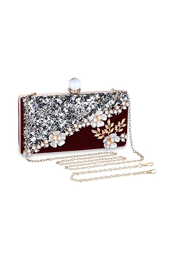 UBORSE Pochette Femme Sac de Soirée avec Perles Strass Elégant Luxe Paillettes Sac à Main Vintage Petit Portefeuille Sac à ba