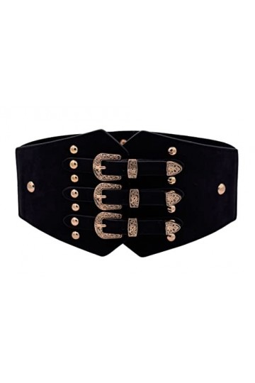Obi Ceinture vintage large élastique à triple boutonnage réglable, Noir - rétro, Large